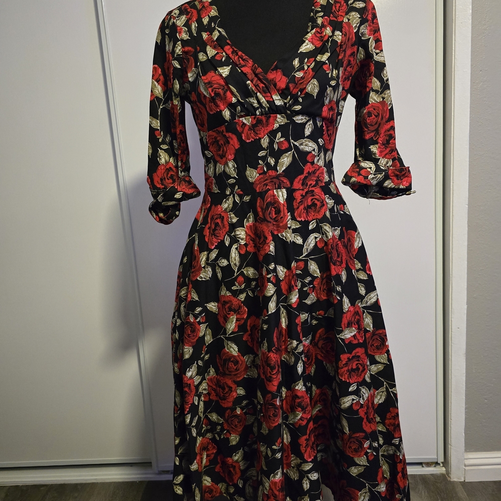 Unique Vintage Red and Green Wrap Dress with 3/4 Cuffed Sleeves